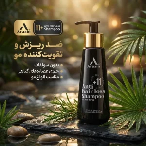 شامپو ضد ریزش مو آراکسین مدل 11+ حجم 175 میلی‌لیتر، تقویت‌کننده، بدون سولفات، مناسب انواع مو، سازگار با پوست سر معمولی